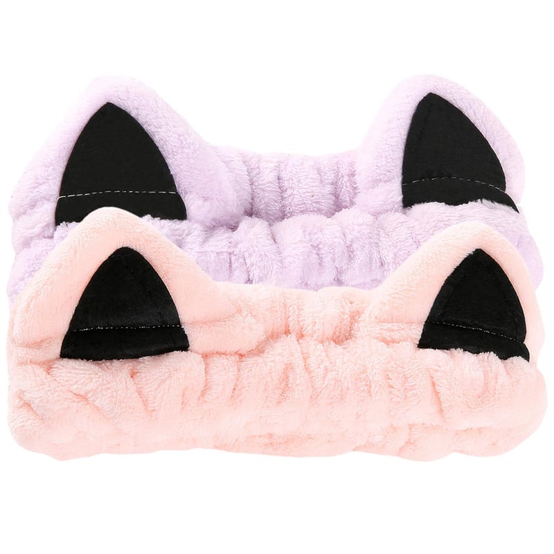 Waliah 2 Pcs Cat Ears Headband, Cute Spa Headbands for Washing Face Skincare Makeup Headbands for Women Girls Trendy Stuff Present Soft Coral Fleece Hair Accessories(Pink Purple) - Image 1